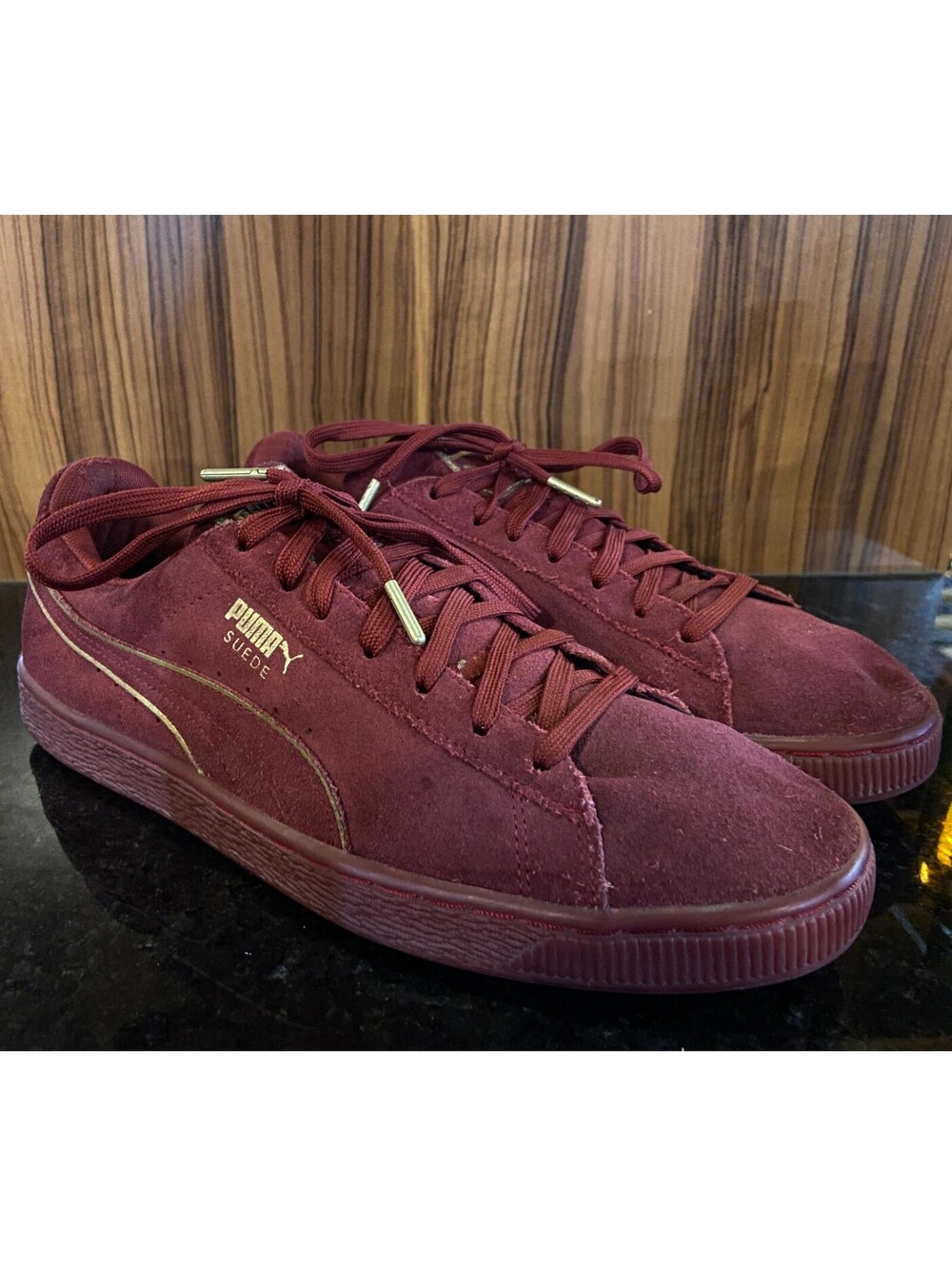 Size 10.5 - PUMA Suede Foil Fs Burgundy Crimson Red Gold Accents VGC!
